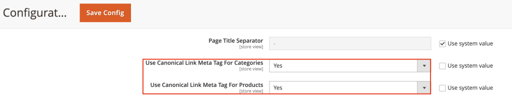 Painel administrativo do Magento destacando as opções de Canonical Link Meta Tag para categorias e produtos