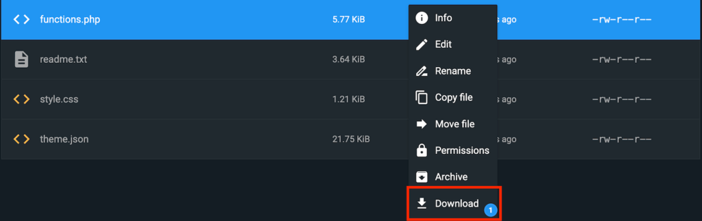 O botão Download no Gerenciador de Arquivos da Hostinger