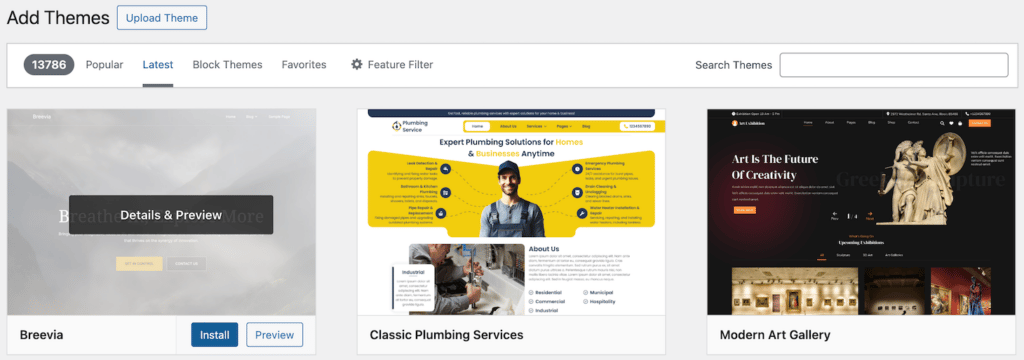 O menu Adicionar temas no painel administrativo do WordPress