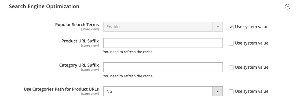 Painel administrativo do Magento mostrando a configuração Usar caminho das categorias nas URLs dos produtos no menu Otimização para mecanismos de busca