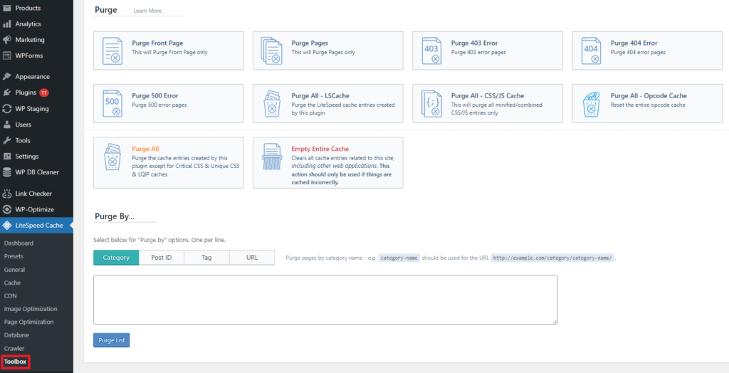 A interface do plugin LiteSpeed Cache, exibindo várias opções de limpeza de cache e um menu de ferramentas no painel do WordPress.