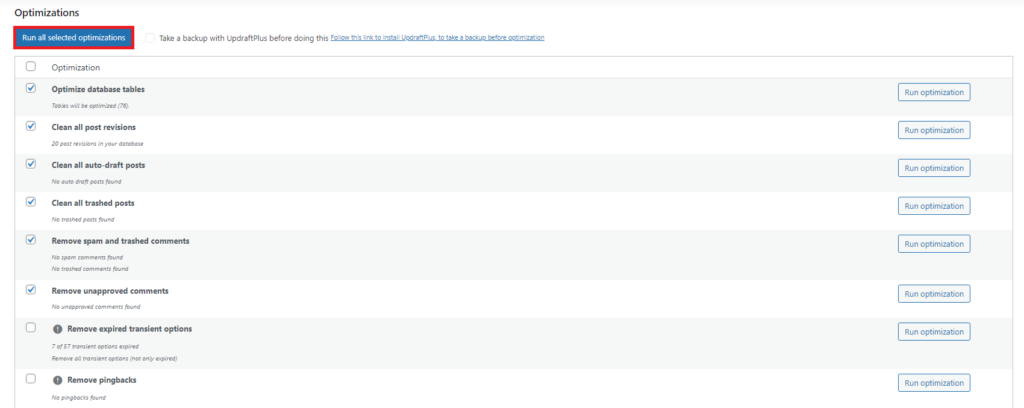 backend-do-wordpress-wp-optimize Painel do WP-Optimize para otimização de banco de dados, destacando o recurso 'Run all selected optimization' com um retângulo vermelho.