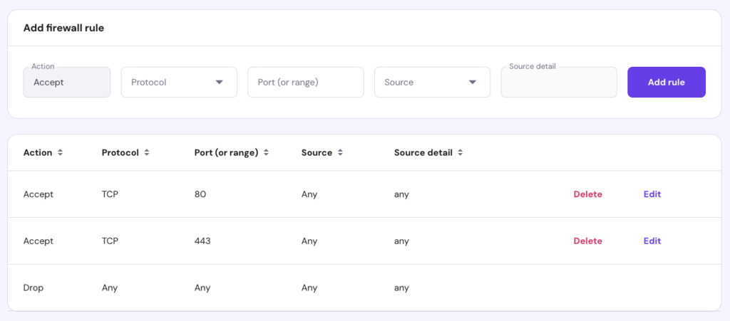 Regras de firewall no hPanel para abrir portas do Apache
