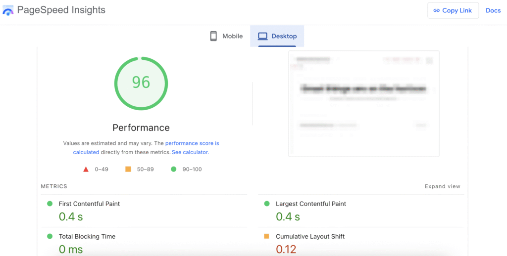 O resultado da an&aacute;lise de desempenho da loja WooCommerce no PageSpeed Insights