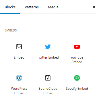 Uma interface do WordPress exibindo várias opções de incorporação de mídia: ícones de Embed, Twitter, YouTube, WordPress, SoundCloud e Spotify.