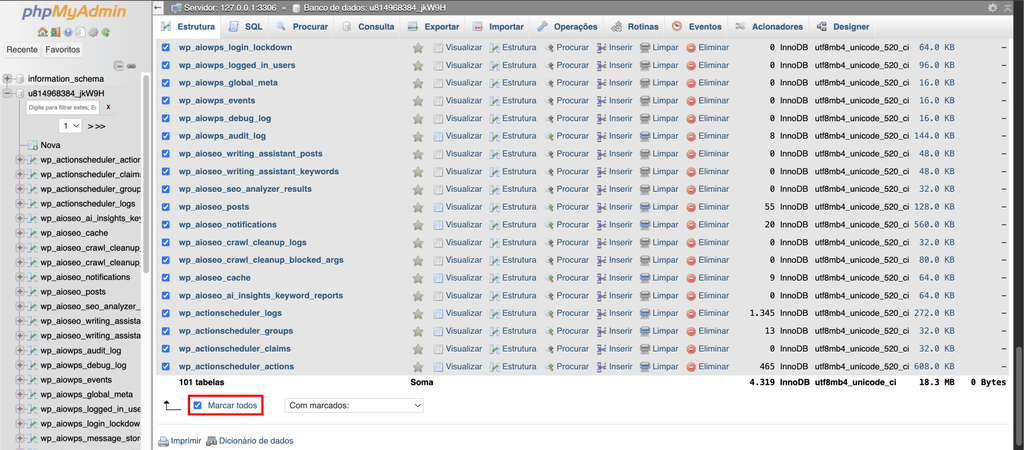Aba Estrutura do phpMyAdmin, com destaque para o botão de marcar todas as tabelas