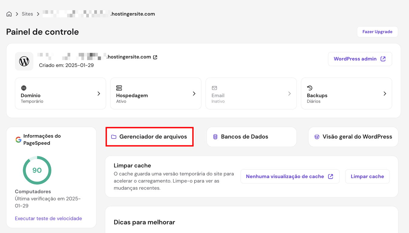 O hPanel da Hostinger destacando o botão para acessar o Gerenciador de arquivos