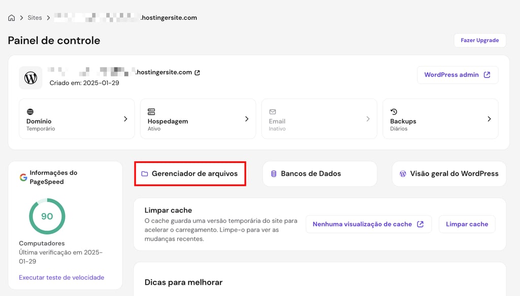 O hPanel da Hostinger destacando o botão para acessar o Gerenciador de arquivos