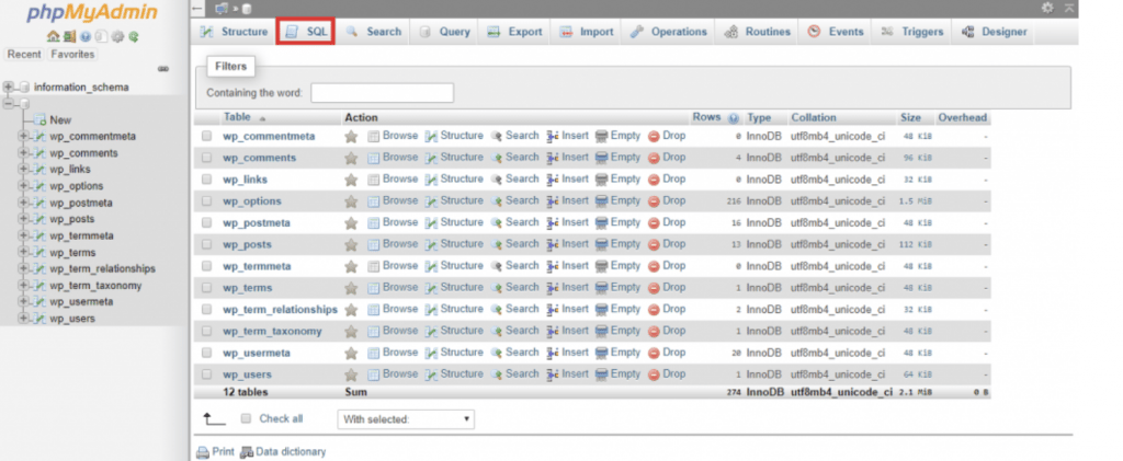 Acessando a página do phpMyAdmin, guia SQL na barra de menu superior