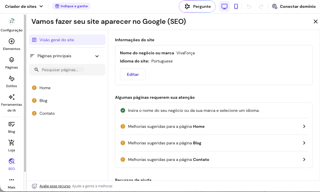 Assistente de SEO com IA no Criador de Sites da Hostinger
