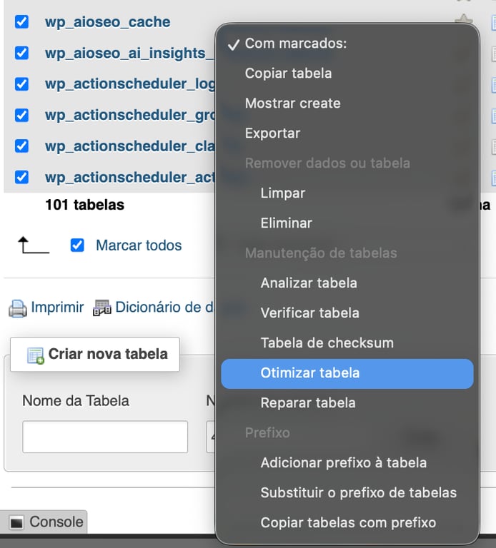 Aba Estrutura do phpMyAdmin, destacando o comando de otimização da tabela