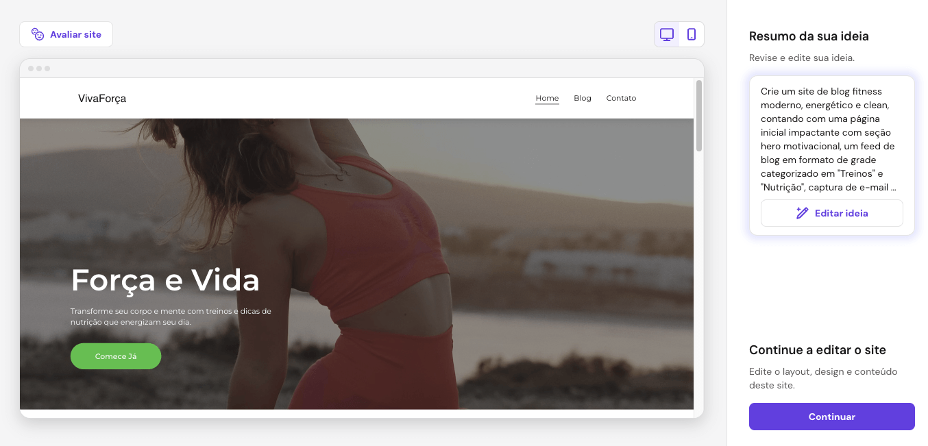 Vista previa del blog de fitness creado con Criador de Sites da Hostinger