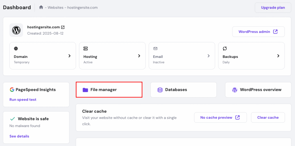 Painel do hPanel, com destaque para o acesso ao Gerenciador de Arquivos