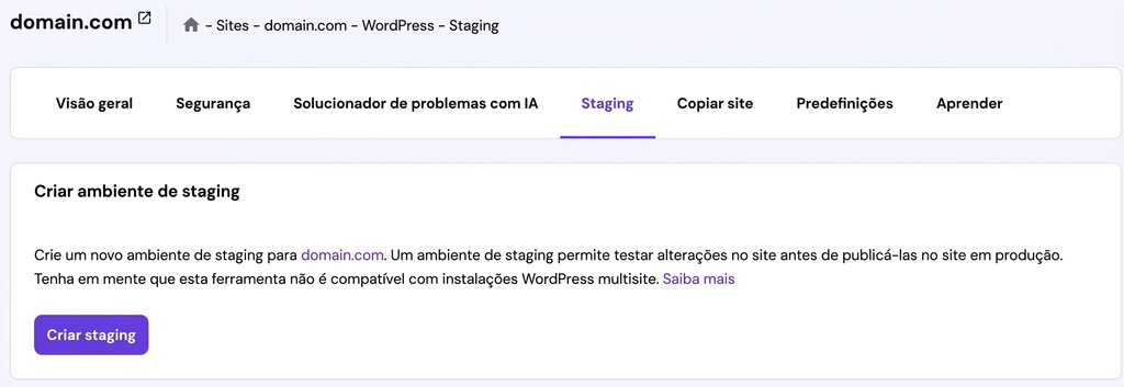 P&aacute;gina de cria&ccedil;&atilde;o de ambiente de staging no hPanel