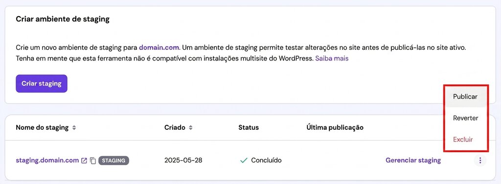 O bot&atilde;o Publicar em um ambiente de staging no hPanel