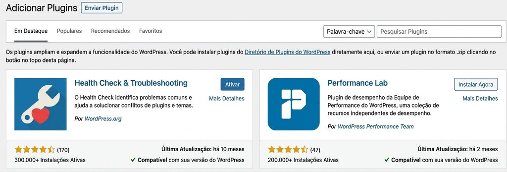 O menu Adicionar plugins no painel de administração do WordPress