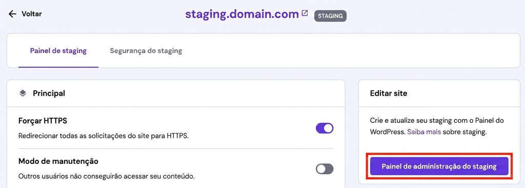 Botão de acesso ao Painel de Administração do ambiente de staging no hPanel