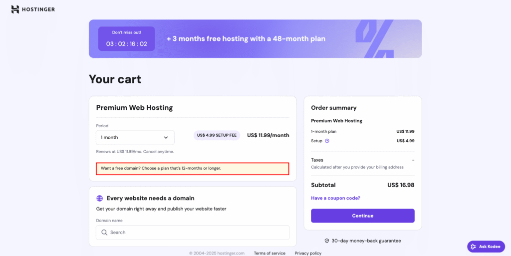 Carrinho da Hostinger, com destaque para a mensagem de upsell