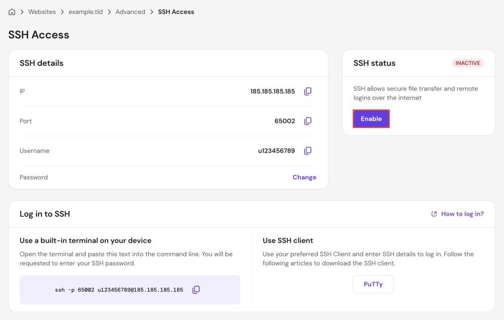O botão Ativar na página Acesso SSH do hPanel