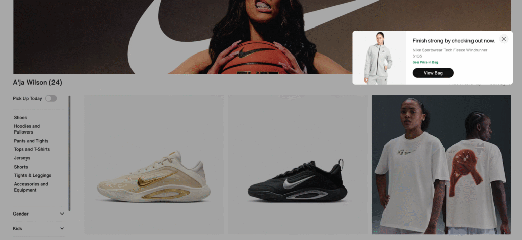 Pop-up de intenção de saída da Nike para recuperar carrinhos abandonados