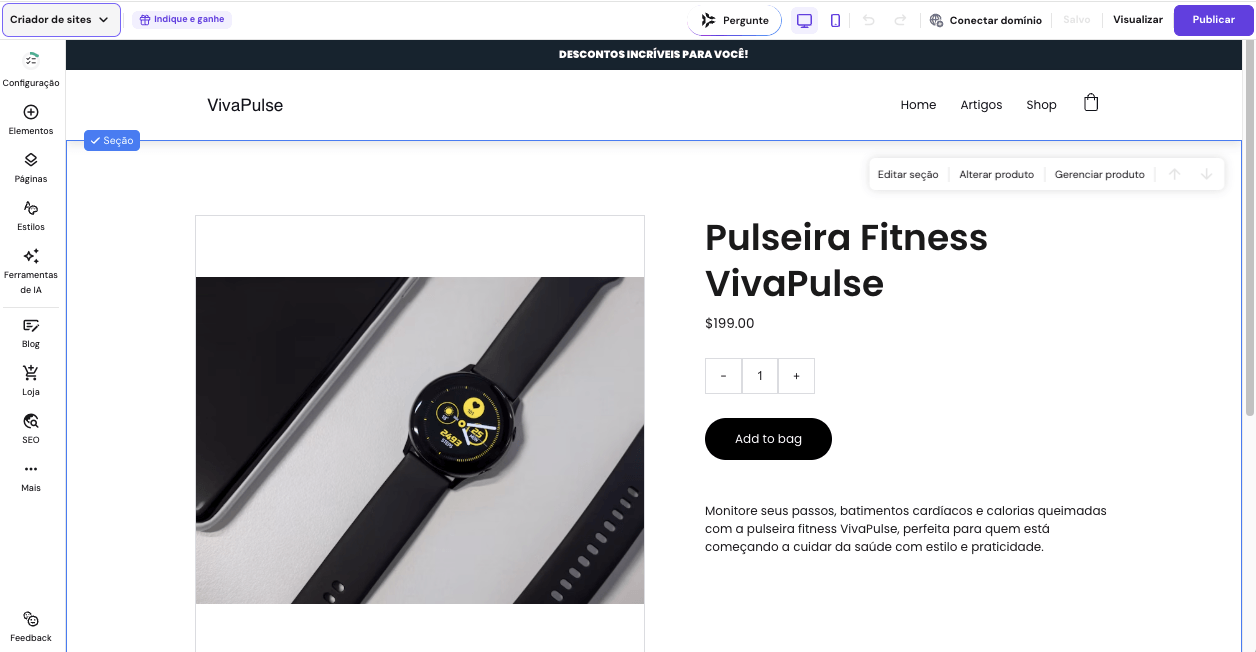 Una p&aacute;gina de producto de un reloj inteligente en una tienda online creada con Criador de Sites da Hostinger