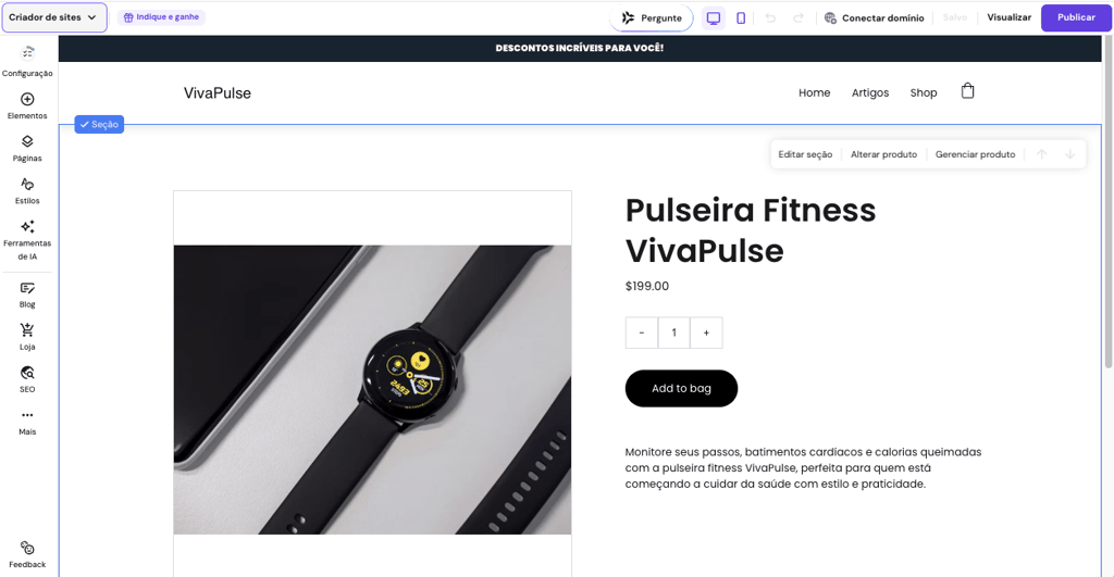 Una página de producto de un reloj inteligente en una tienda online creada con Criador de Sites da Hostinger