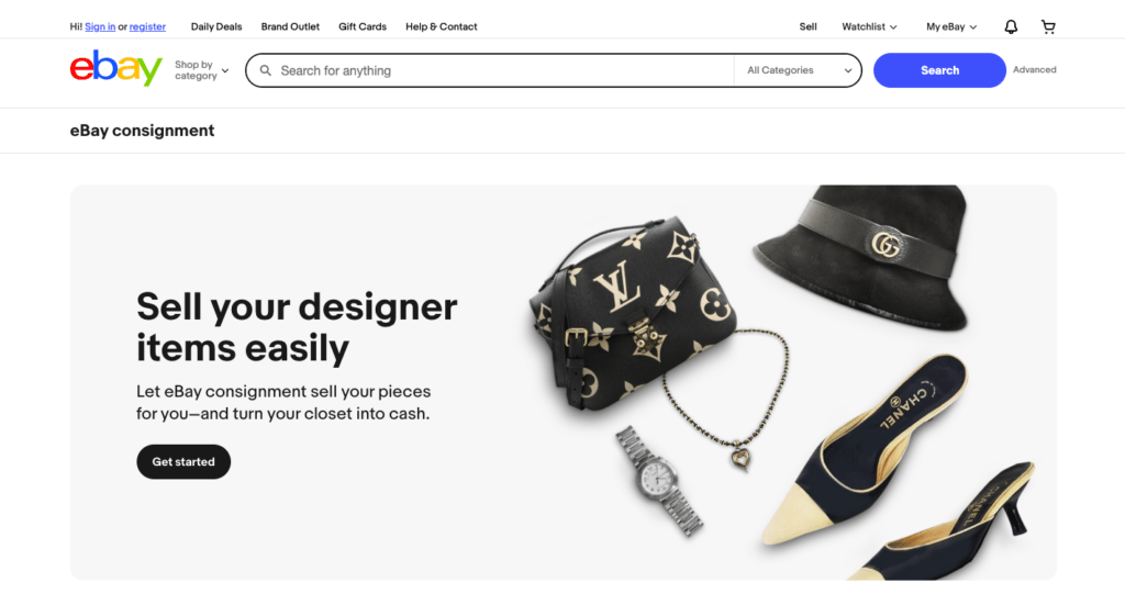 P&aacute;gina do eBay Consignment com itens de grife e uma mensagem para vender suas pe&ccedil;as com facilidade
