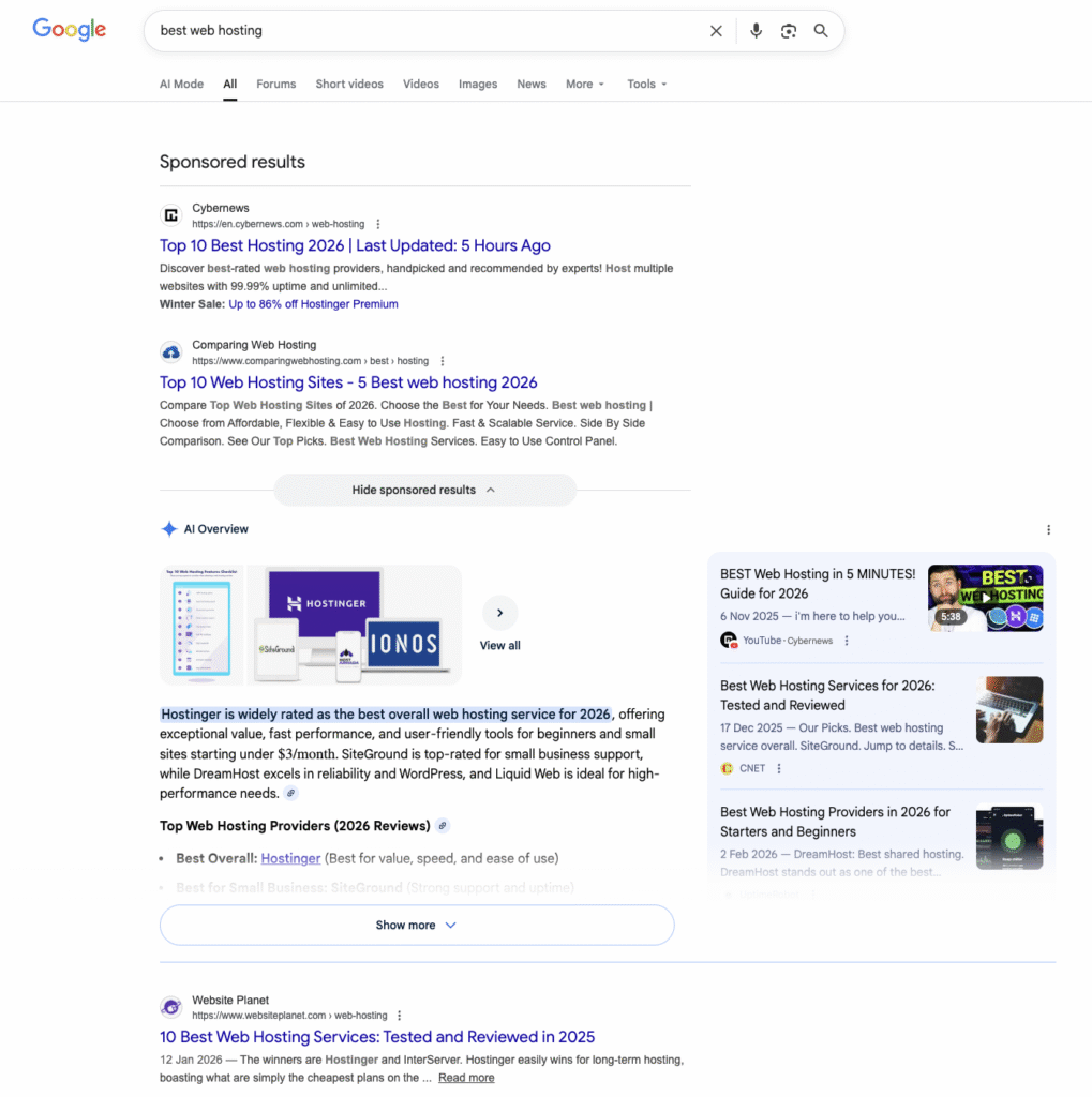 google-serp-patrocinado-visao-geral-de-ia-listagem-organica Página de resultados do mecanismo de busca do Google (SERP) com resultados pagos e orgânicos
