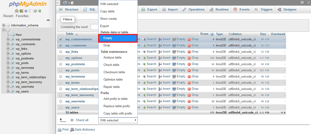 Esta imagem mostra como gerar automaticamente uma consulta SQL para esvaziar as tabelas wp_comments e wp_commentmeta.