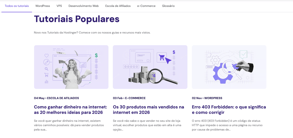 Página dos Tutoriais da Hostinger