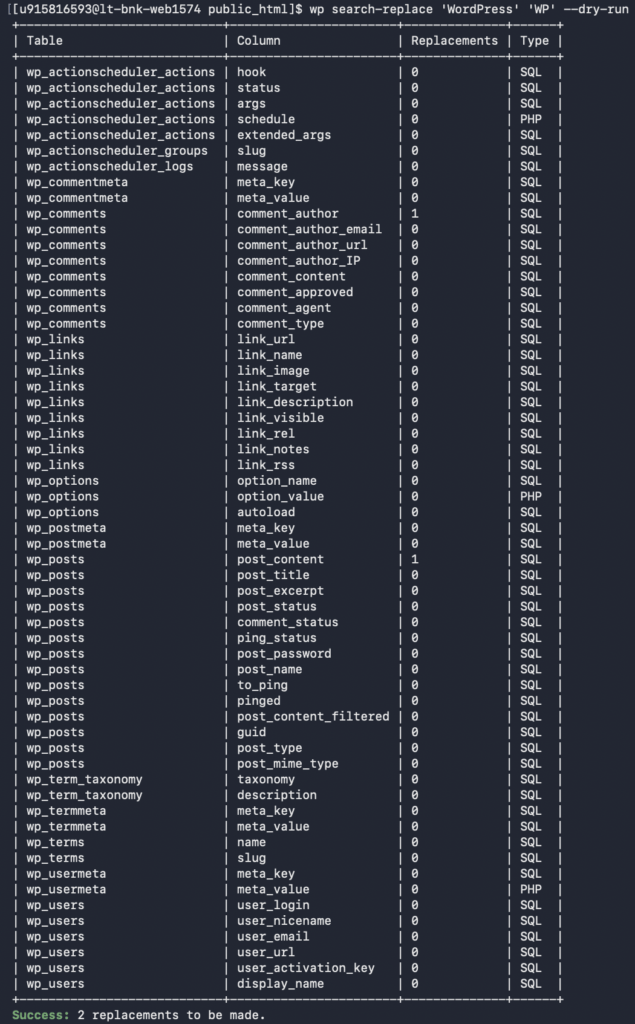 A tabela de saída do comando wp search-replace --dry-run
