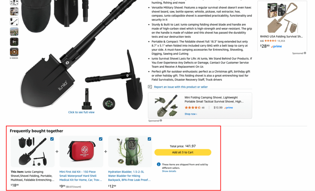 Seção “frequentemente comprados juntos” da Amazon em uma página de produto