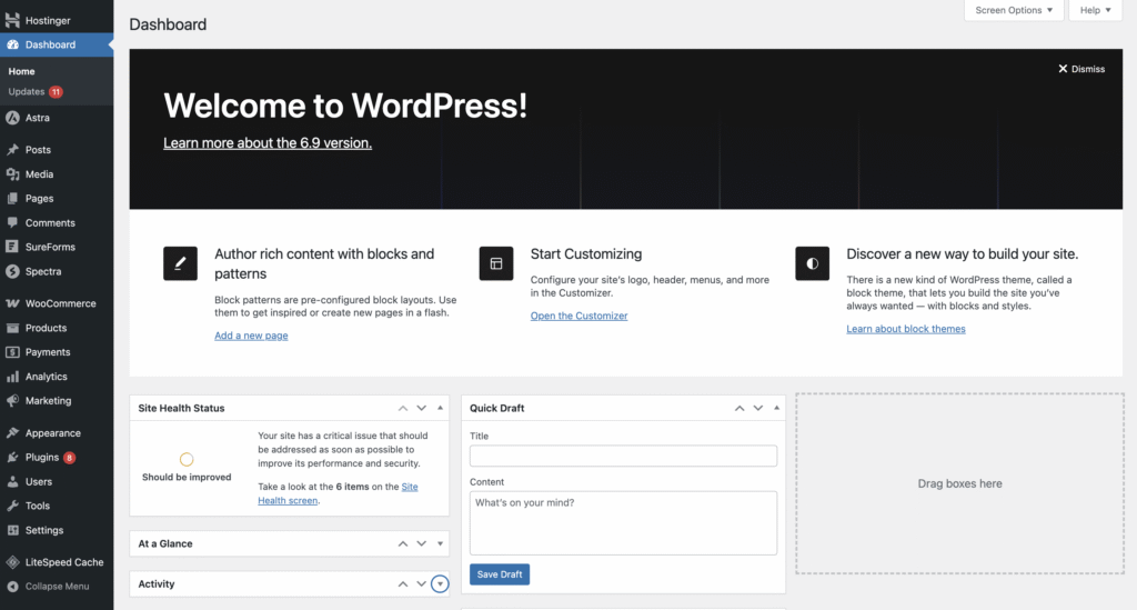 Painel do WordPress com v&aacute;rias op&ccedil;&otilde;es.