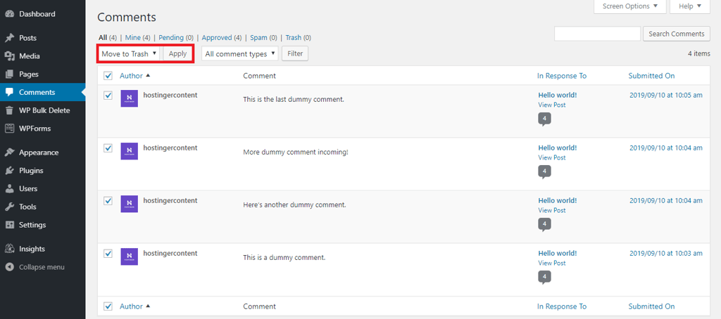 Esta imagem mostra como excluir todos os comentários no WordPress a partir da seção “Comentários” da plataforma.