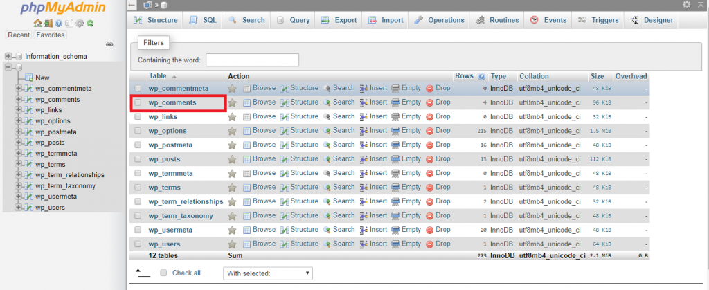 Esta imagem mostra como acessar a tabela wp_comments no phpMyAdmin.