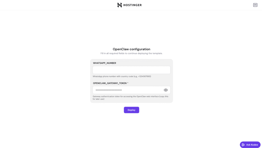 P&aacute;gina de configura&ccedil;&atilde;o do OpenClaw com implanta&ccedil;&atilde;o em um clique na Hostinger