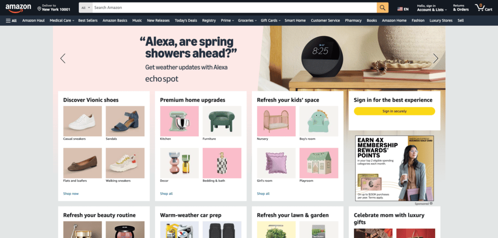 Página inicial da Amazon, mostrando categorias de produtos de diferentes vendedores