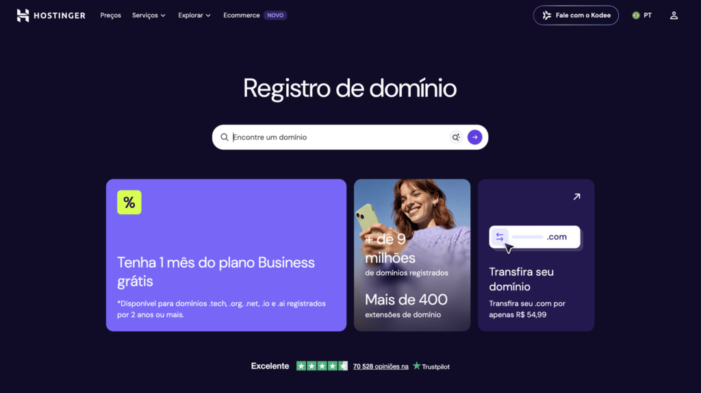 Página do buscador de domínio da Hostinger