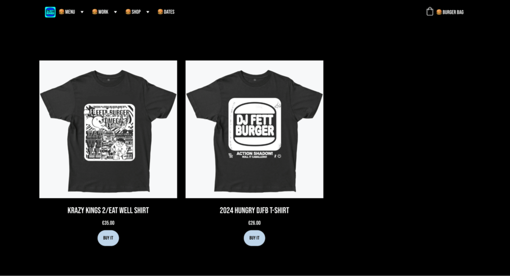 Loja virtual de arte da Fettburger com a categoria de camisetas em destaque
