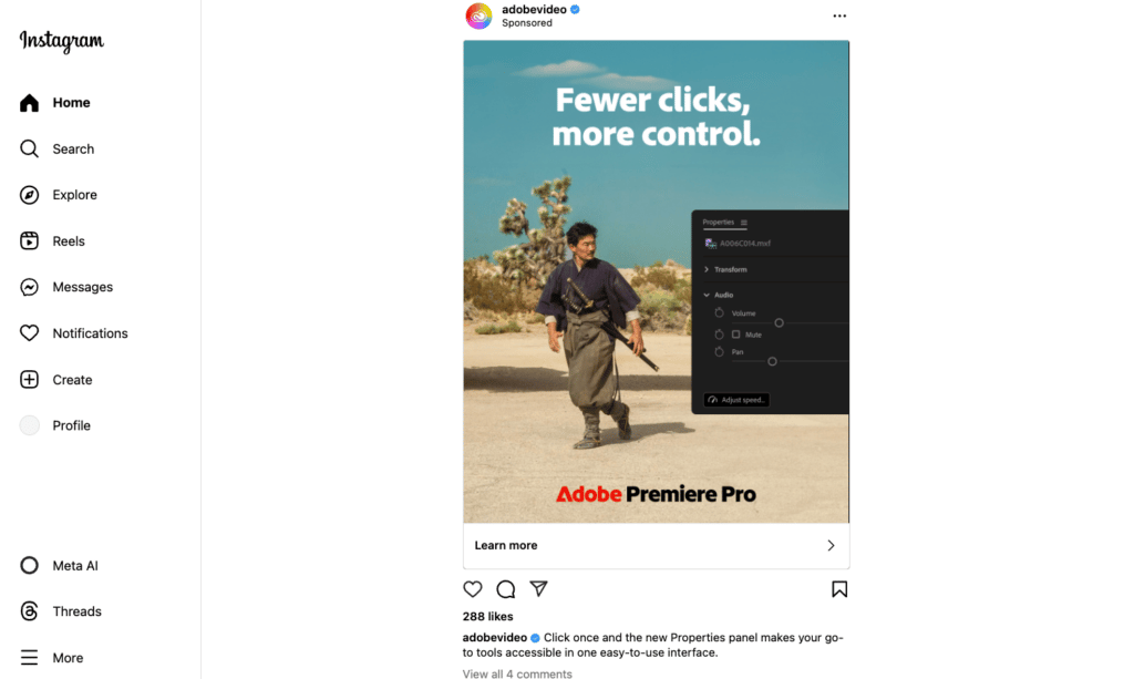 Feed do Instagram mostrando um post patrocinado