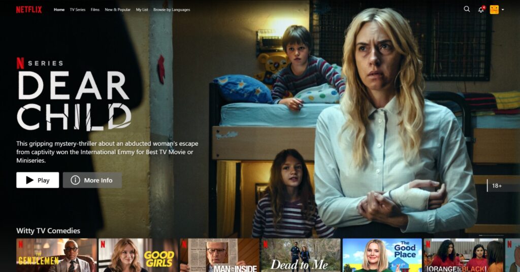 Página inicial da Netflix, mostrando uma grande variedade de conteúdos