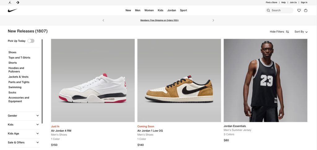Página inicial da Nike, mostrando novos lançamentos