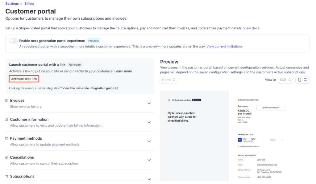 Stripe Customer Portal settings page with the Activate link button highlighted