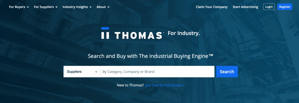 P&aacute;gina inicial do Thomasnet, um diret&oacute;rio online de fabricantes