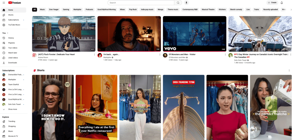 Feed do YouTube mostrando recomendações personalizadas