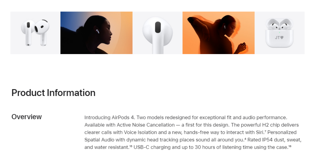 Uma série de imagens mostrando os AirPods 4, com design elegante e caixa de carregamento sem fio, destacando características como cancelação de ruído.