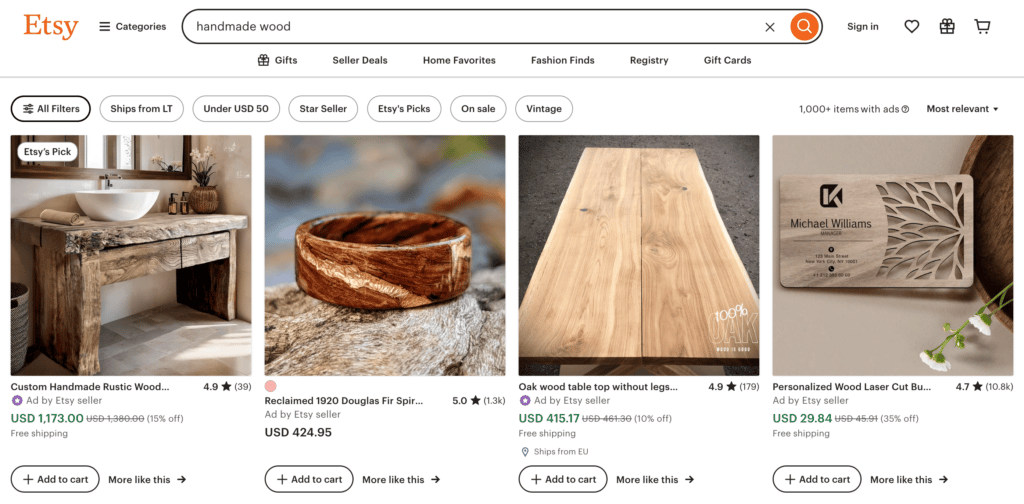 P&aacute;gina de produtos do Etsy