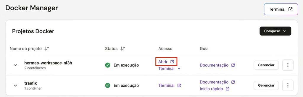 hpanel-vps-docker-manager-hermes-workspace-open-link-highlighted Lista de projetos do Docker Manager com o link "Abrir" do hermes-workspace exibido.