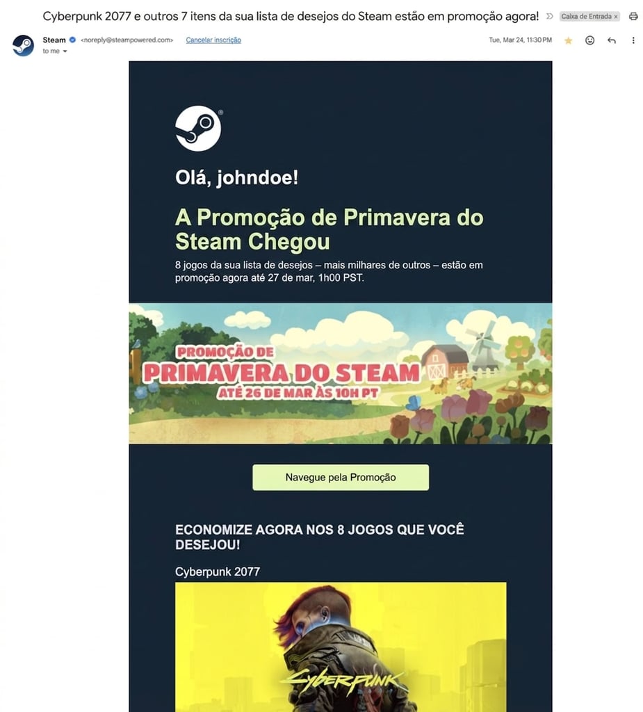 Newsletter da Promoção de Primavera da Steam