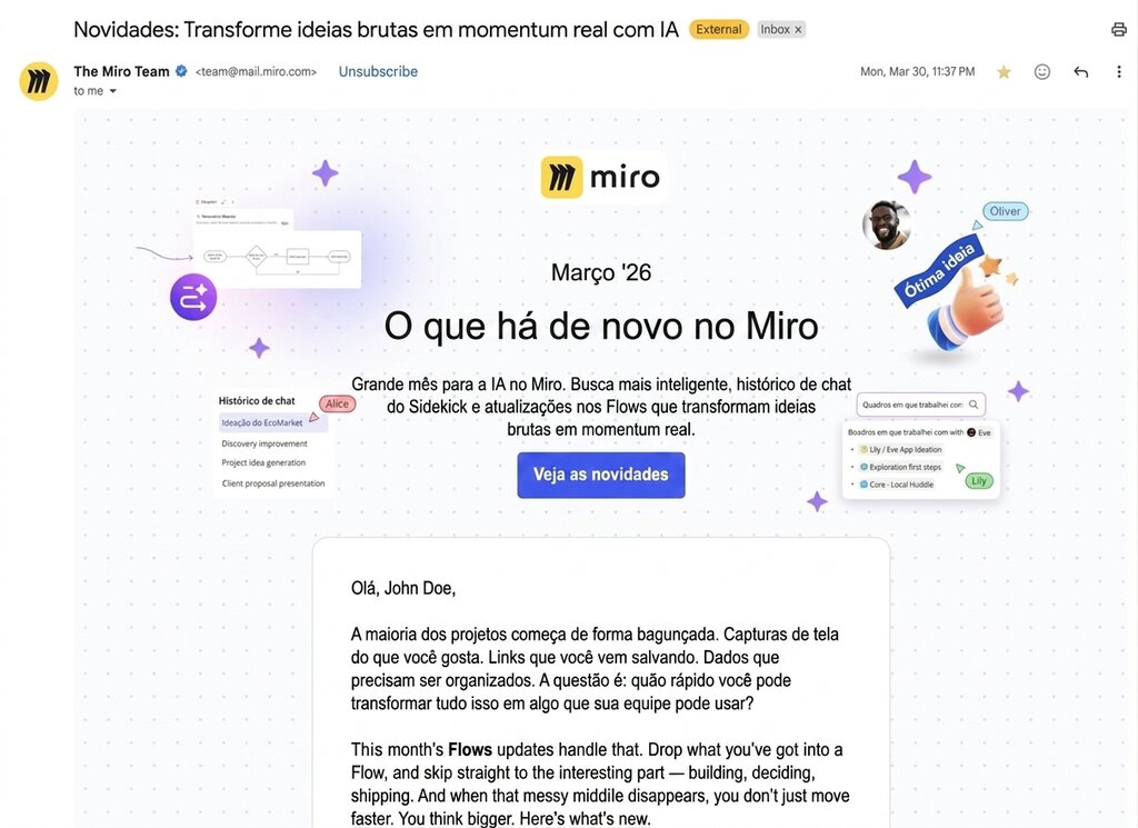 Newsletter de atualizações de produto da Miro